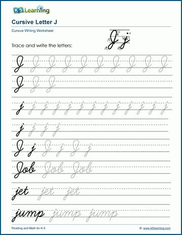 Cursive writing: Letter J worksheets | K5 Learning