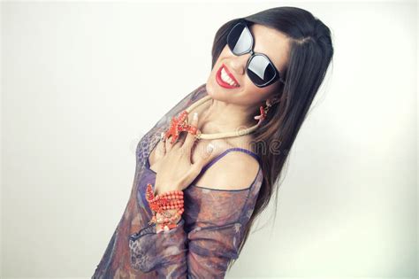 Woman Smiling with Perfect Smile Wearing Sunglasses and Jewelry Stock ...