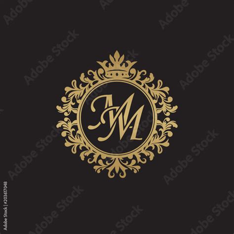 "Initial letter MM, overlapping monogram logo, decorative ornament badge, elegant luxury golden ...