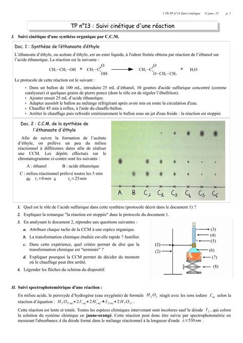 (PDF) TP n°13 : Suivi cinétique d'une réaction · Quel est le rôle de l’acide sulfurique dans ...