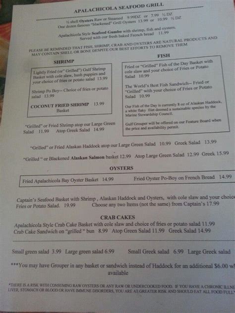 Menu at Apalachicola Seafood Grill restaurant, Apalachicola