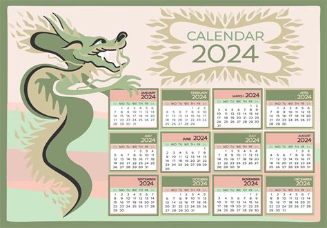 A4 calendar 2024. Chinese Year of Green Wooden Dragon. Week starts on ...