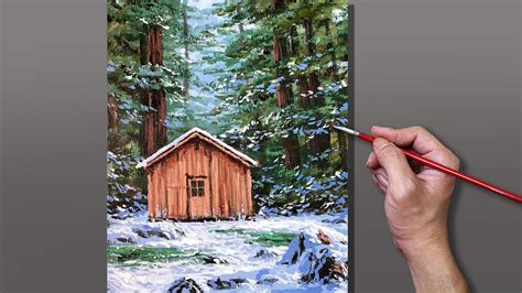 Acrylic Painting Winter Cabin in the Woods Landscape - YouTube