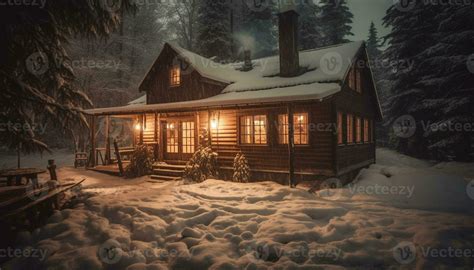 Illuminated log cabin in tranquil winter forest, perfect travel ...