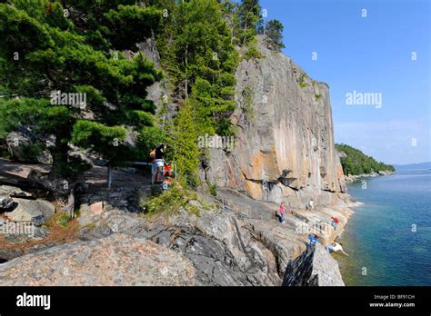 Hiking along Agawa Rock in Lake Superior Provincial Park between Sault ...