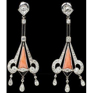 Earrings, France, ca. 1925; Artist/Maker:Unknown; Platinum, coral, black onyx and diamonds ...