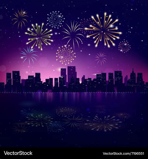 Night city skyline with fireworks Royalty Free Vector Image