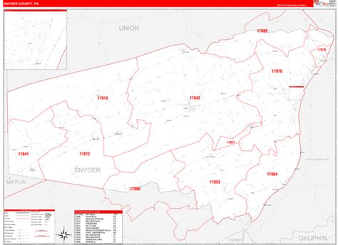 Snyder County, PA Zip Code Wall Map Red Line Style by MarketMAPS - MapSales