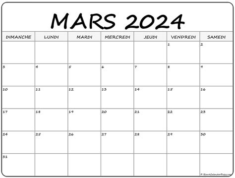 mars 2024 calendrier imprimable | Calendrier gratuit