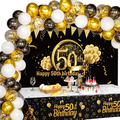 Buy Happy Birthday Party Decorations Set Black and Gold Birthday Backdrop Banner Table Set ...