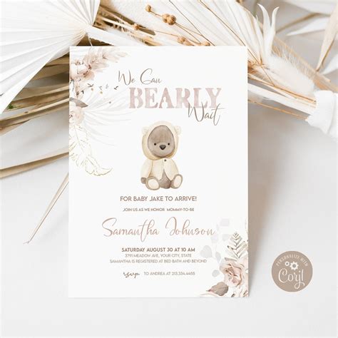 Editable Boho Teddy Bear Baby Shower Invitation Bohemian Pampas Baby We ...