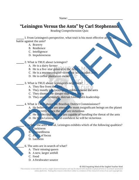 "Leiningen Versus the Ants" by Carl Stephenson Quiz and Answer Key | Made By Teachers