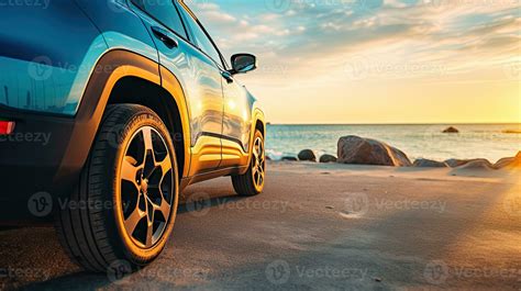 Car on the beach at sunset. Concept of travel and vacation. Generative AI 33280373 Stock Photo ...