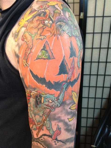 Colored Halloween Tattoo On Left Half Sleeve | Halloween tattoos, Tattoos, Tattoo images