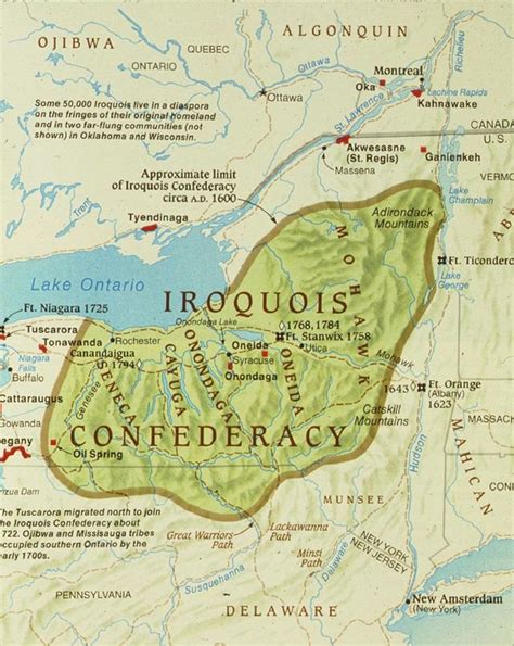 Iroquois Confederacy territory map circa 1600. Shows the Five Nations from East to West: Mohawk ...