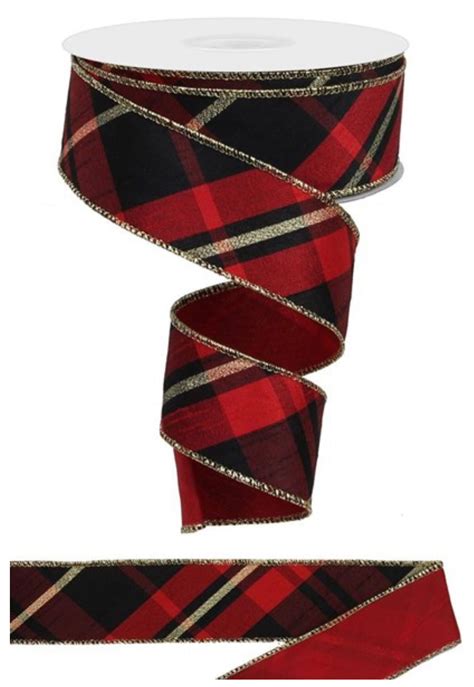 Red, gold, and black plaid wired ribbon 1.5” - Greenery Market