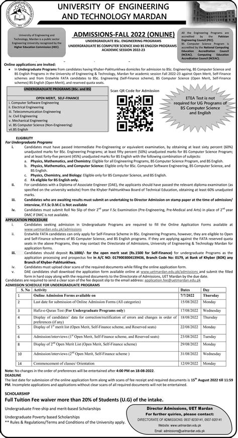 UET Mardan Undergraduate Engineering & Non-Engineering Fall 2022 Admissions