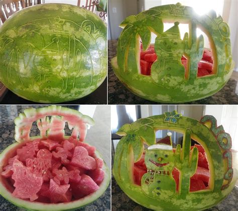 four pictures of watermelon carved to look like animals