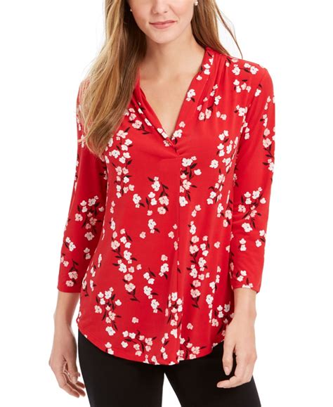 Charter Club Floral Print Pleated V-Neck Blouse, Created for Macy's ...