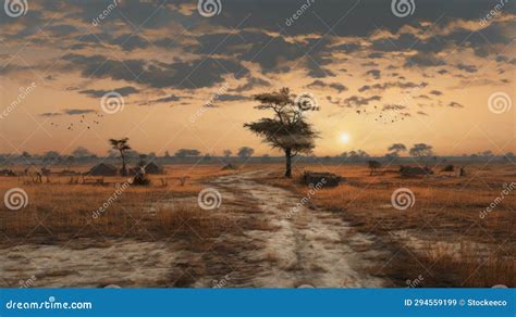 African-inspired Desert Landscape with Trees and Road Stock ...