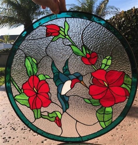 Pretty! Hummingbird & Hibiscus Stained Glass Window Panel