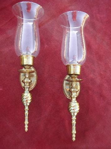 polished brass wall sconces for candles, candle sconce pair w/ glass hurricane shades