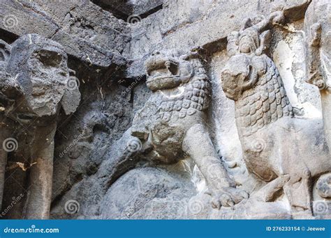 Interior Of The Kailasa Temple (lion Sculptures), Ellora Caves ...