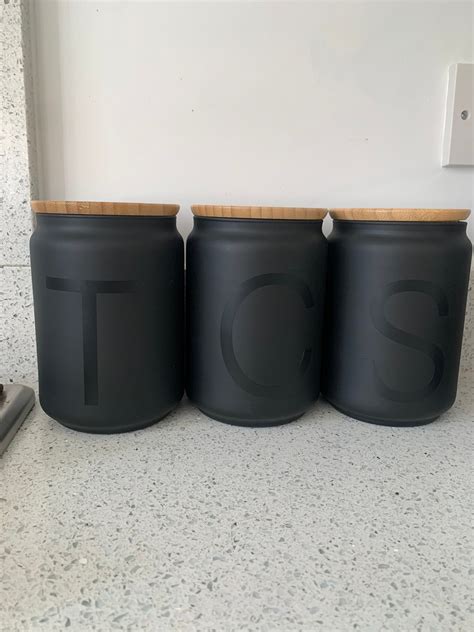 Set of 3 matte black kitchen canisters with bamboo lid. Tea | Etsy