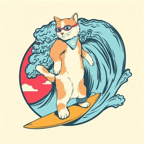 Surf Drawing, Beach Drawing, Beach Cartoon, Beach Illustration, Cat ...