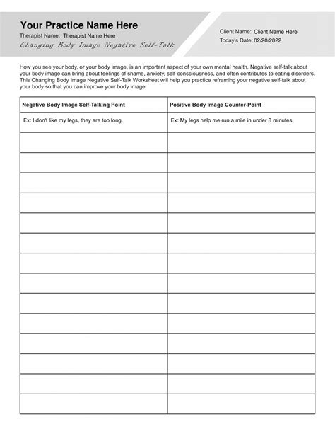 Changing Body Image Negative Self-Talk Worksheet PDF