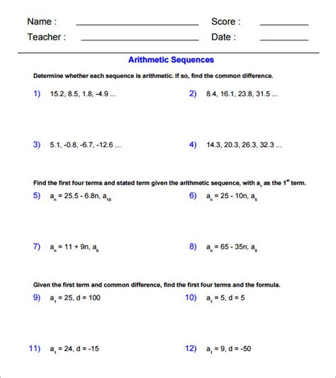 Worksheet For Arithmetic Sequence