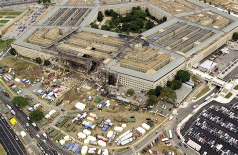 Aerial view of the damage to the Pentagon following 9/11 attack