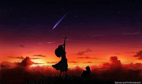 Look! A falling star!, red, manga, black, cat, sky, silhouette, girl, anime, HD wallpaper | Peakpx