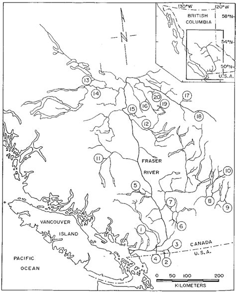 Map of the Fraser River watershed showing locations of chinook salmon... | Download Scientific ...