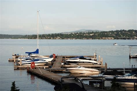 several boats are docked at a pier on the water