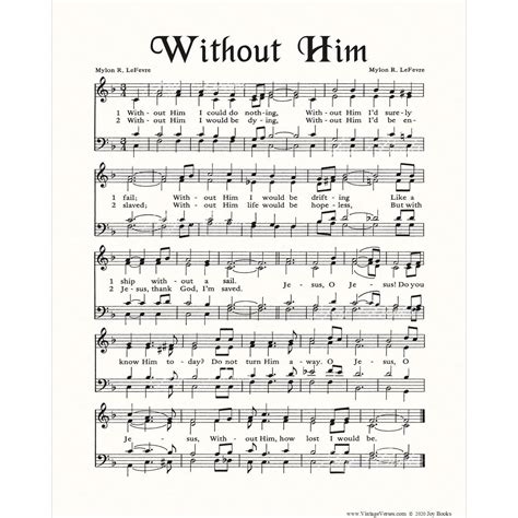 Without him christian home or office decor vintage verses sheet music hymn wall art faith ...