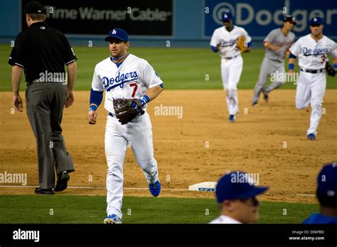 Los Angeles Dodgers players during game at Dodger Stadium Stock Photo ...