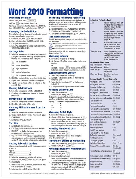 Microsoft word 2010 formatting quick reference guide cheat sheet of instructions tips shortcuts ...