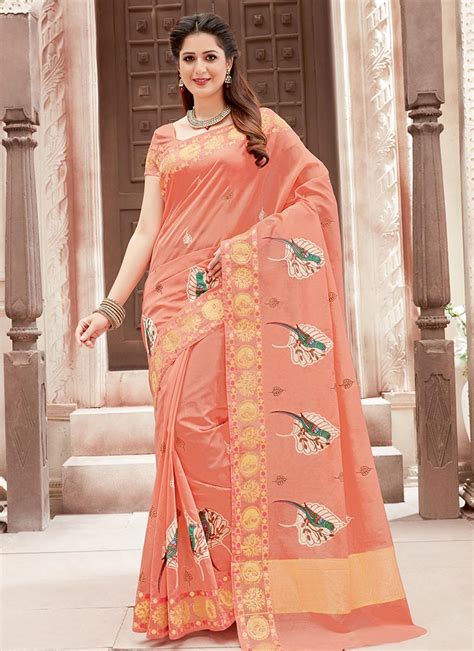 Buy Peach Chanderi Cotton Saree, Embroidered , Chanderi, sari Online Shopping | SAMASH6206