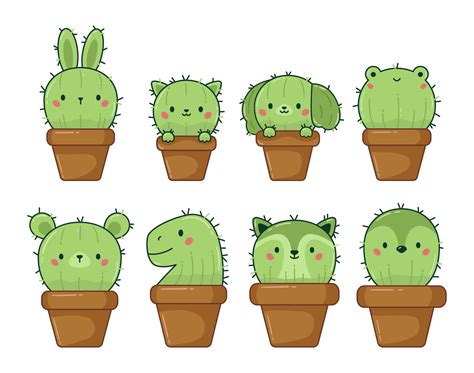 Vector illustration of set cute kawaii cactus in flowerpots. Cartoon ...