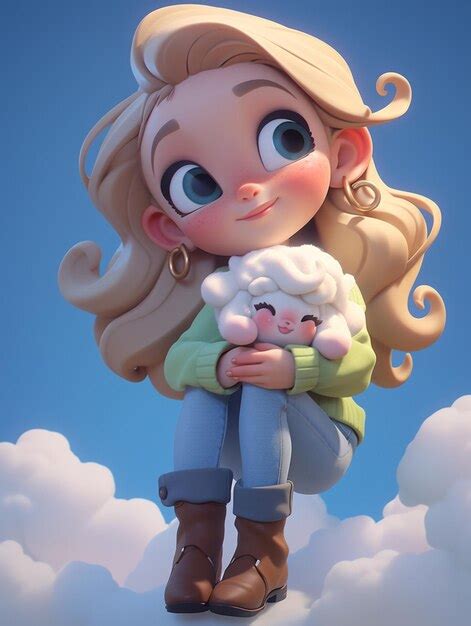 Premium AI Image | cartoon girl holding a baby sheep in her arms generative ai