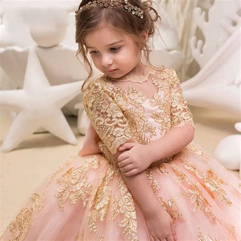 Little Girl Birthday Party Dress Lace Applique Long Sleeve Kids Ball Gowns - Buy Girls Birthday ...