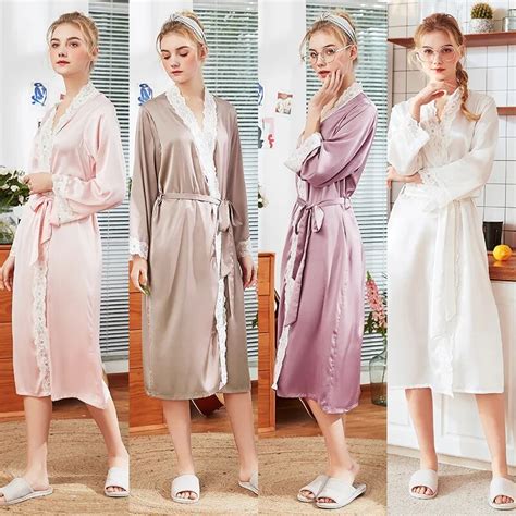 Plus Size Women Satin Silk Robe for Women Long Sleeve Knee length Night Lace Lingerie Robe ...