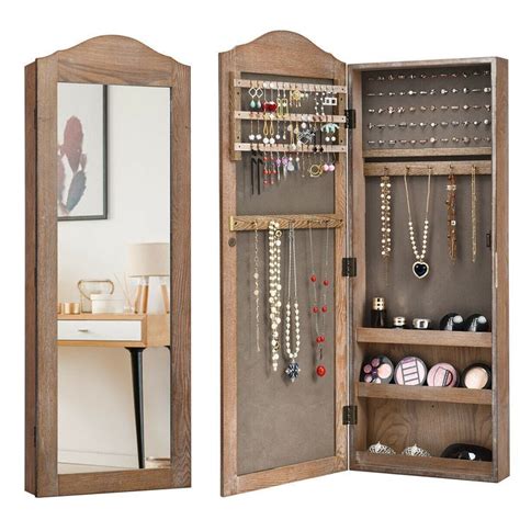 Gymax Mirrored Jewelry Cabinet Armoire Storage Organizer Wall Hanging ...