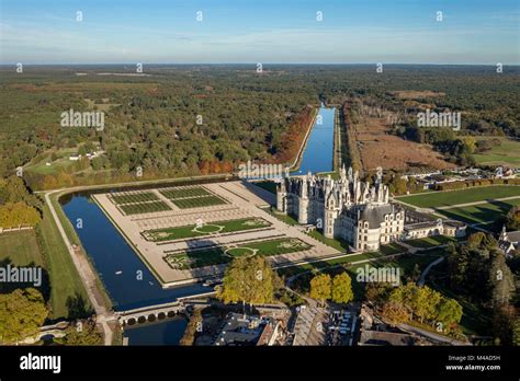 Aerial view of the Chateau de Chambord, a Renaissance style castle ...