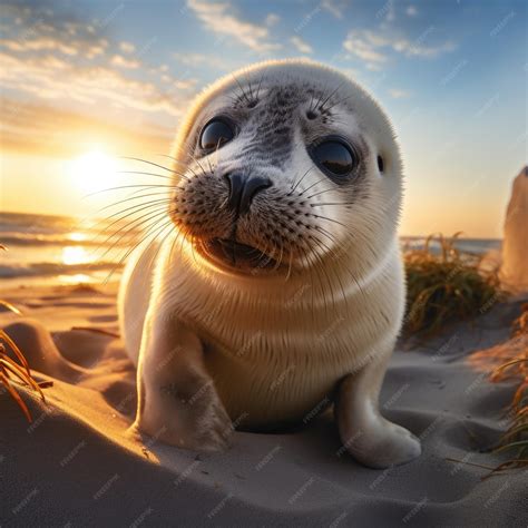 Premium AI Image | A baby seal pup with large soulful eyes basking on a sunlit beach