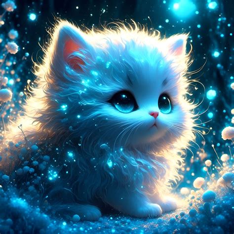 adorable cute baby chibi fluffy furry snow_kitten on bioluminescent ...