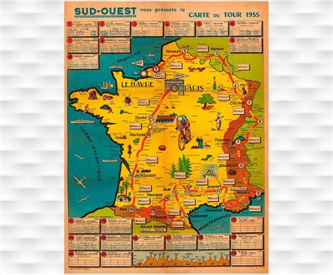 1955 Tour de France Map Poster - Special Edition - Vintage Bicycle Poster Cycling Poster Race ...