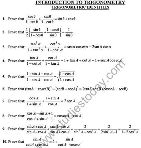 Trigonometry Questions For Class 10 Pdf Download