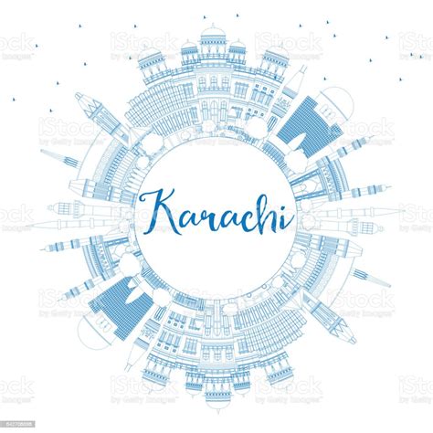 Outline Karachi Skyline With Blue Landmarks And Copy Space Stock ...